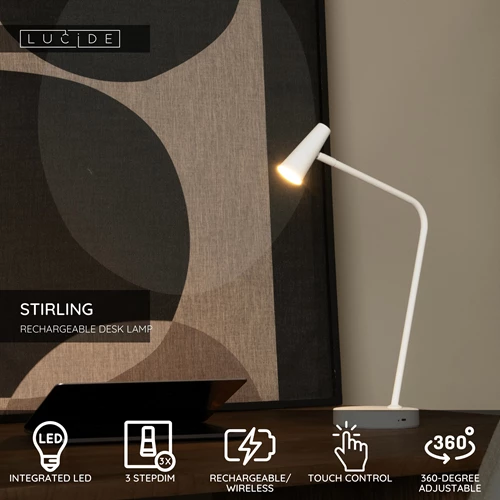 Lucide STIRLING - Rechargeable Desk lamp - Battery pack- LED 3 StepDim - 1x3W 2700K - White - USP